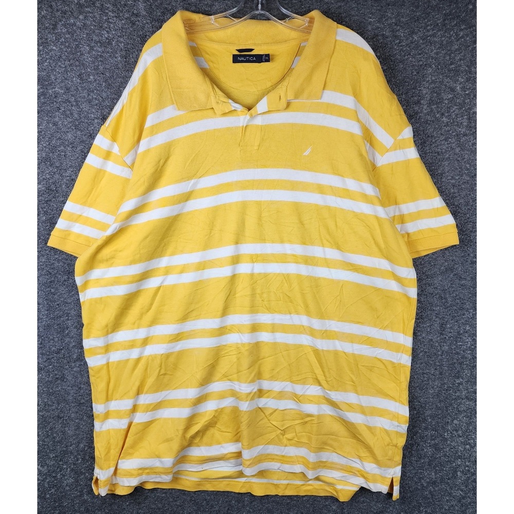 Nautica Polo Shirt Men 3XL‎ Yellow White Striped Short Sleeve Coastal Preppy